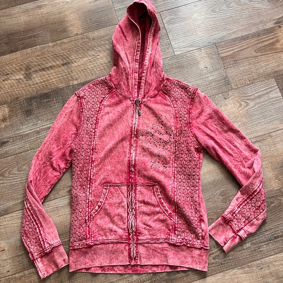Affliction Tops - Y2K Affliction rhinestone embellished in distressed red wash full zip hoodie